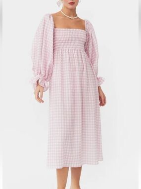 Sleeper Atlanta Linen Midi Dress in Pink & White Gingham Medium